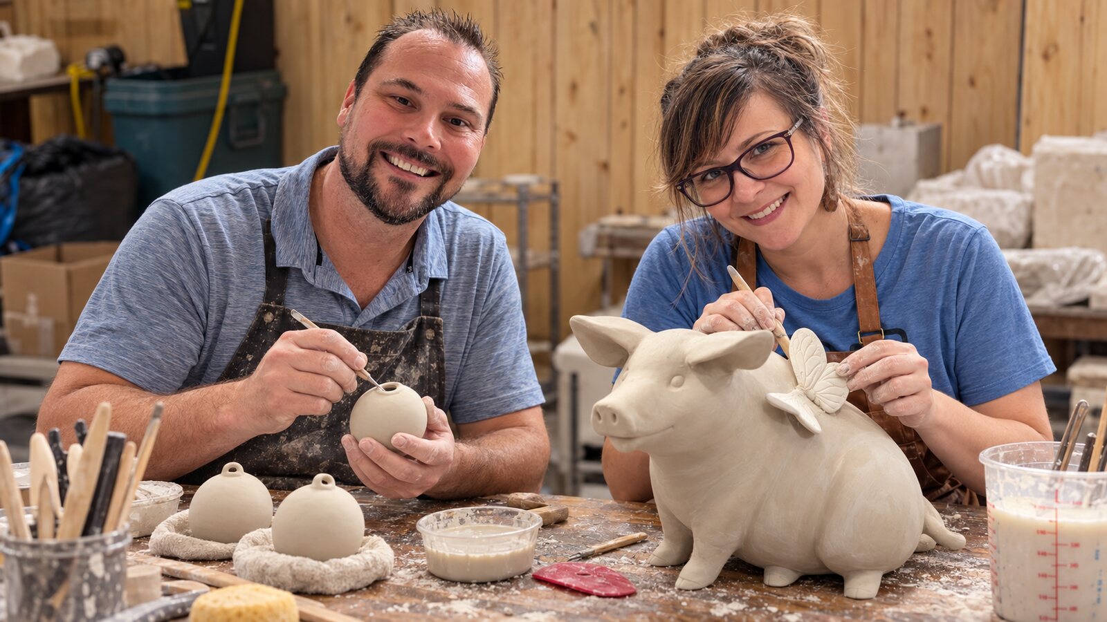 Illustration of two people working side by side at a pottery bench, one of them shaping a piece while the other looks on.