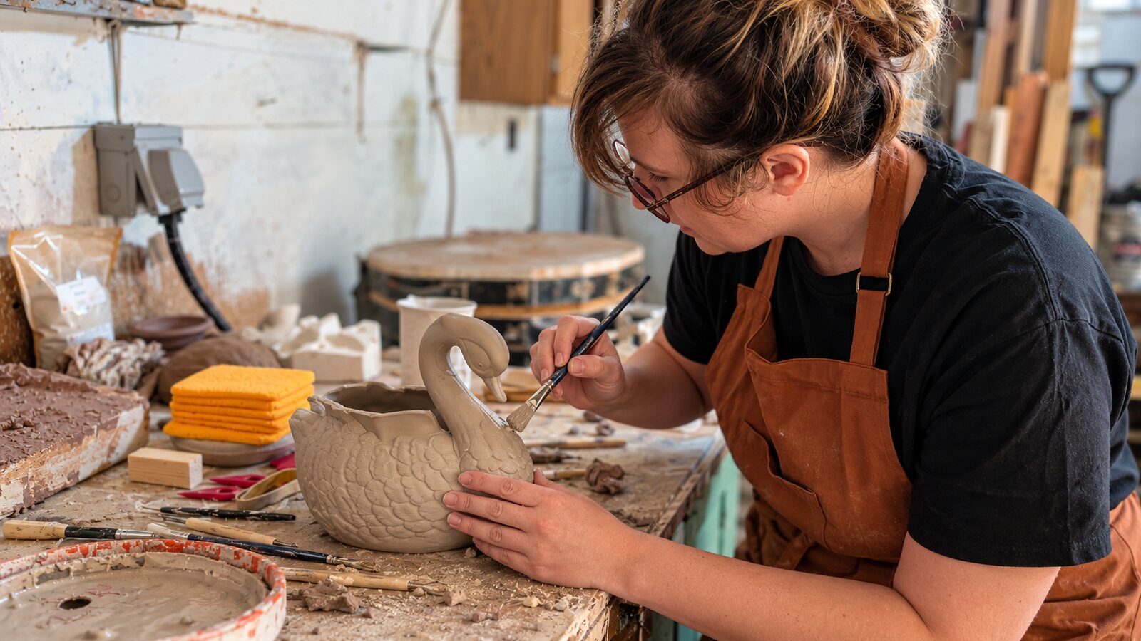 Computer-generated illustration of Alesha at her workbench in glasses and a leather apron, looking down as she carves scale patterns into the body of a clay swan with a sculpting tool.